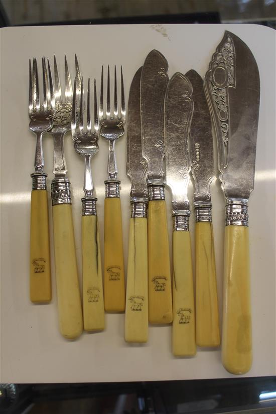 Pair of silver and ivory fish servers and 7 other items